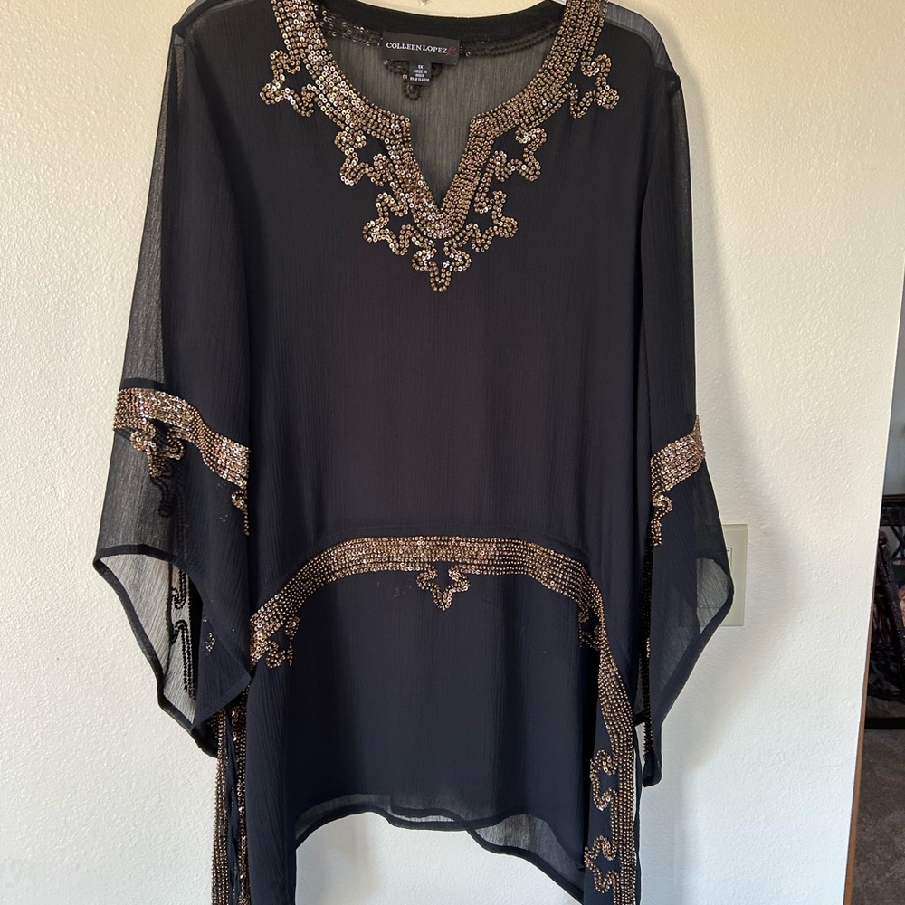 Colleen Lopez - Size 1X - Black Sheer Tunic w Beaded Gold Accents - Versatile